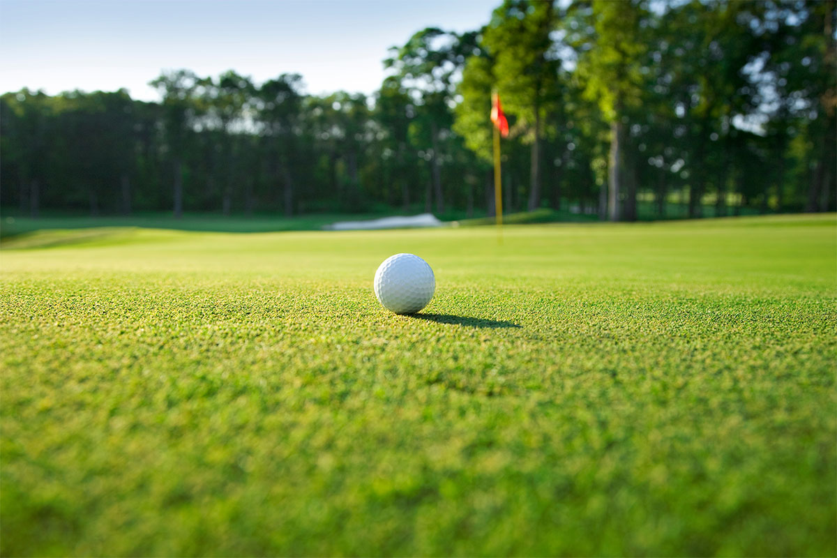 Detailaufnahme eines Golfballs auf einem besonders grünem Fairway im Golfurlaub in den Arkona Strandresidenzen auf Rügen.